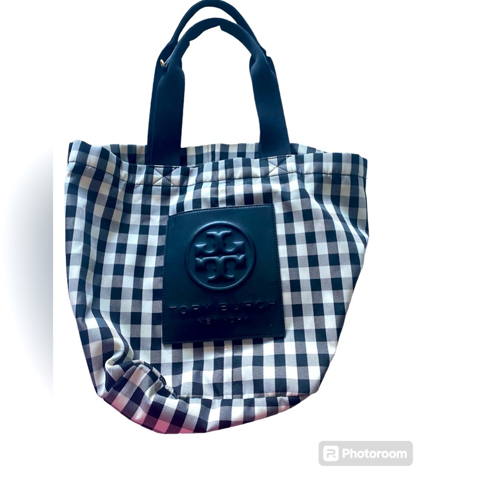 Tory Burch Gingham Tote in black and white